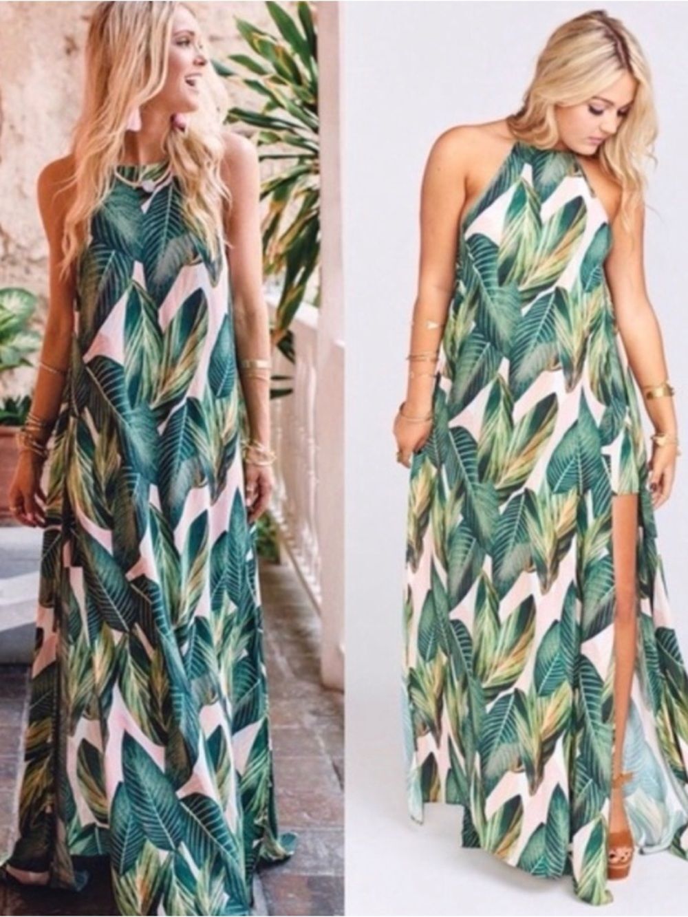 Show me your Mumu Bronte Maxi Slip Dress in Pick & Green Palm Print Size S